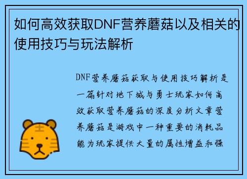 如何高效获取DNF营养蘑菇以及相关的使用技巧与玩法解析