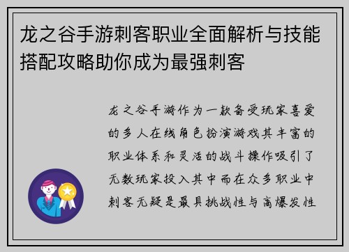 龙之谷手游刺客职业全面解析与技能搭配攻略助你成为最强刺客